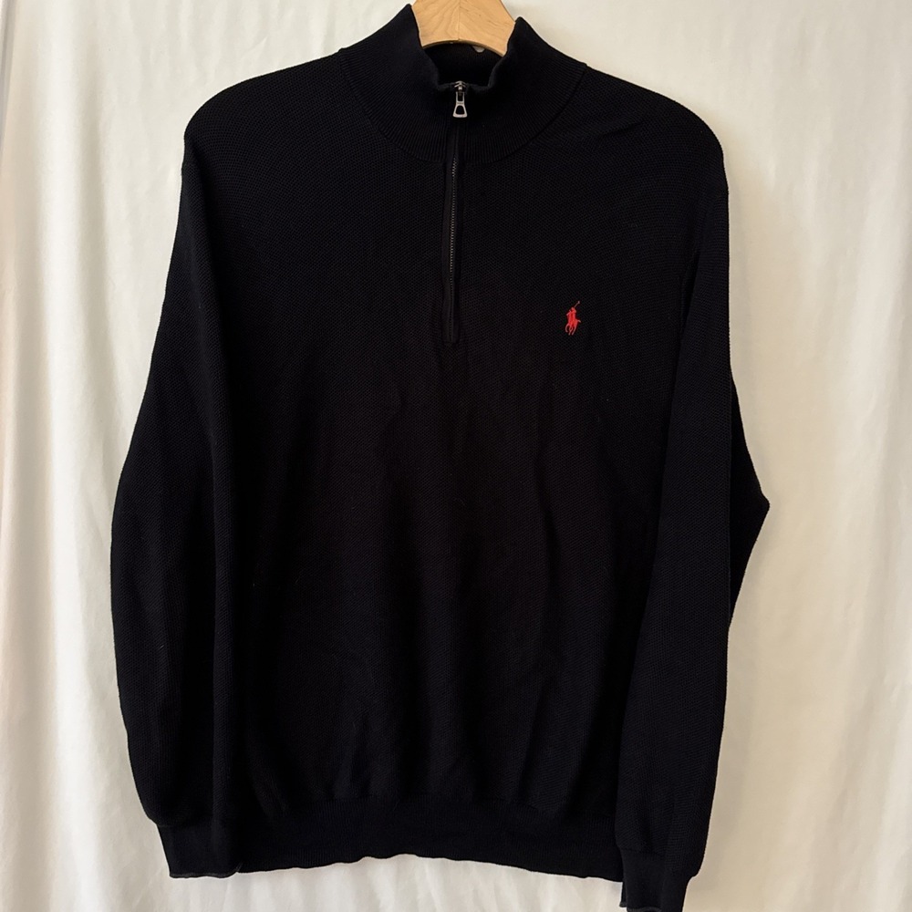 Polo Ralph Lauren Sweater Mens XL Black Pima Cotton 1/4 Zip Knit Red Pony